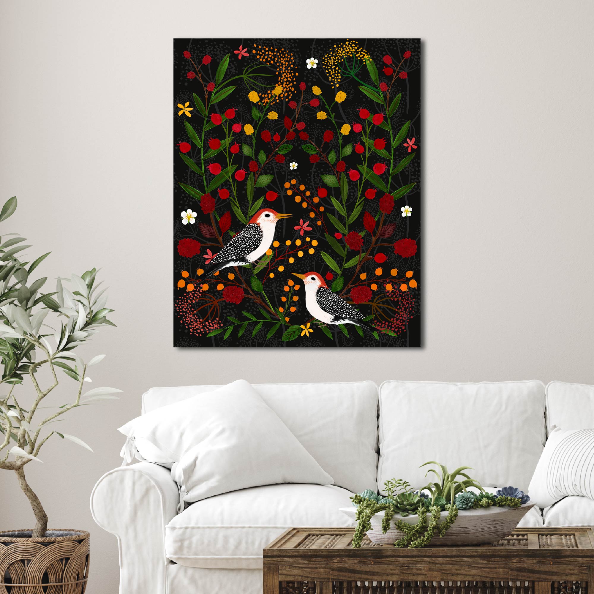 Berries and Branches Woodpeckers - Gallery Wrapped Canvas - Michelle Ingari Collection