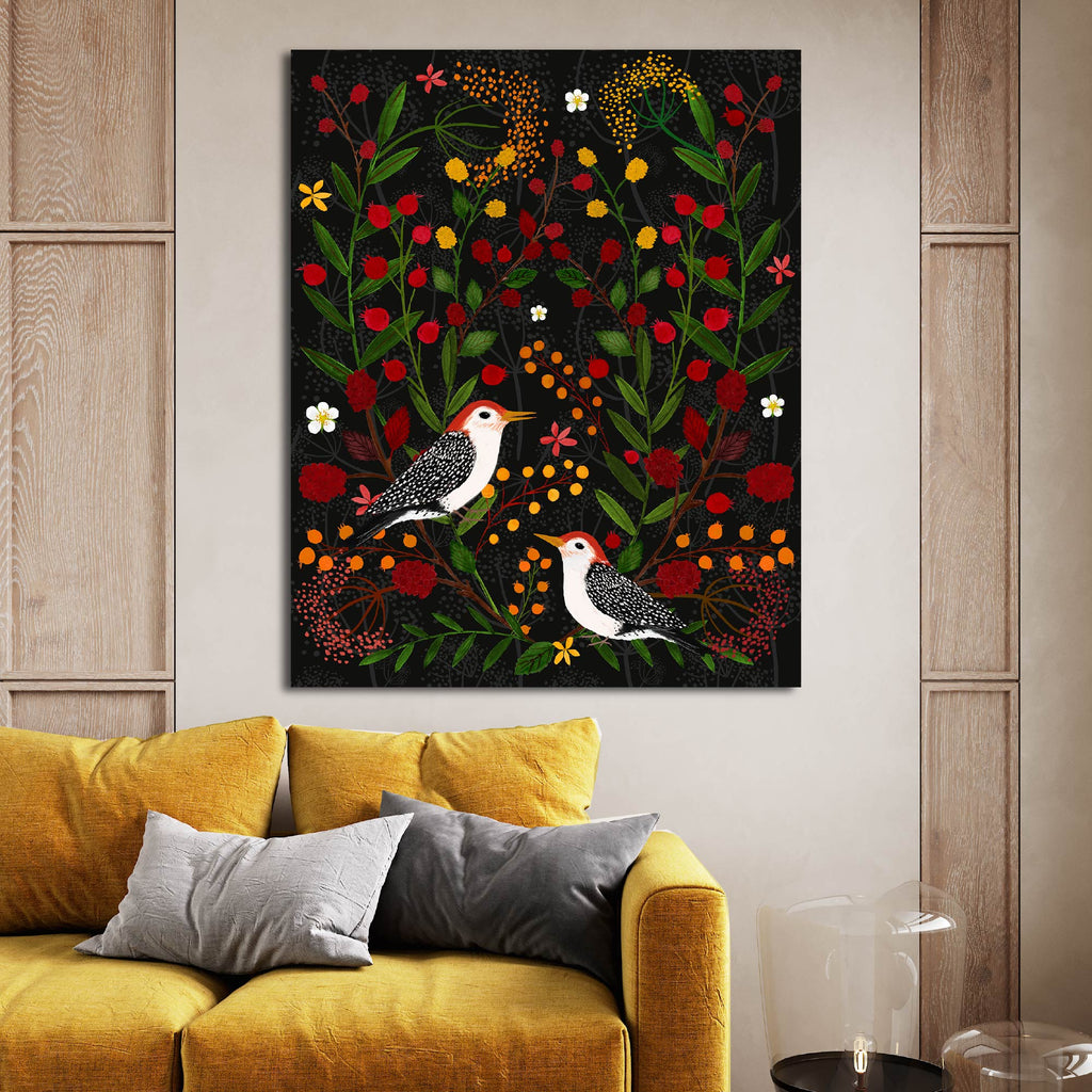 Berries and Branches Woodpeckers - Gallery Wrapped Canvas - Michelle Ingari Collection
