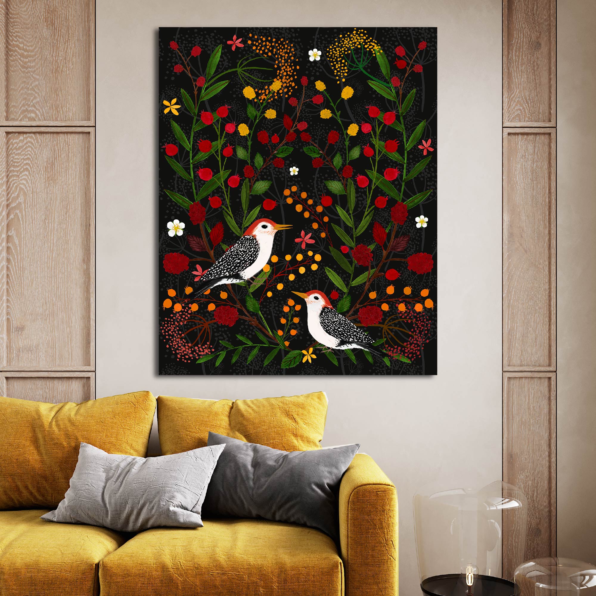 Berries and Branches Woodpeckers - Gallery Wrapped Canvas - Michelle Ingari Collection