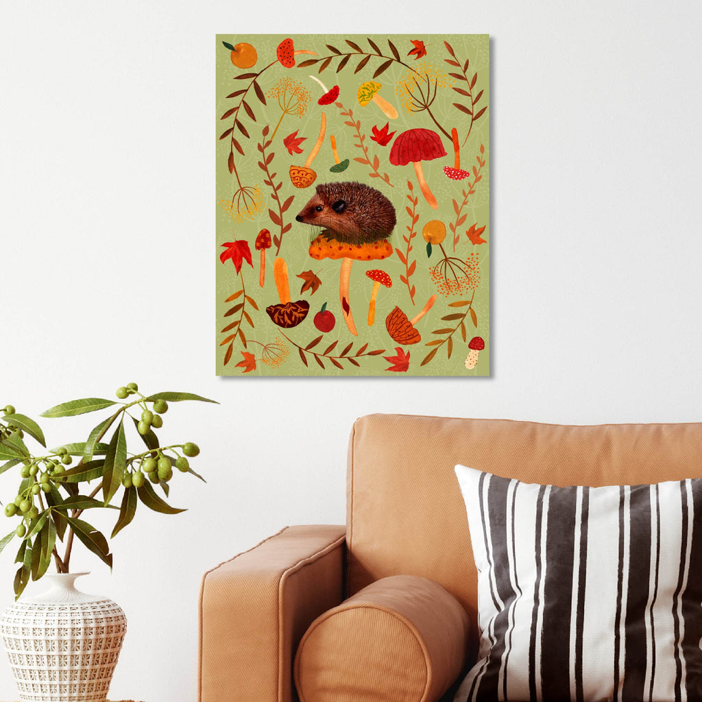 Mushroom Hunting Hedgehog - Gallery Wrapped Canvas - Michelle Ingari Collection