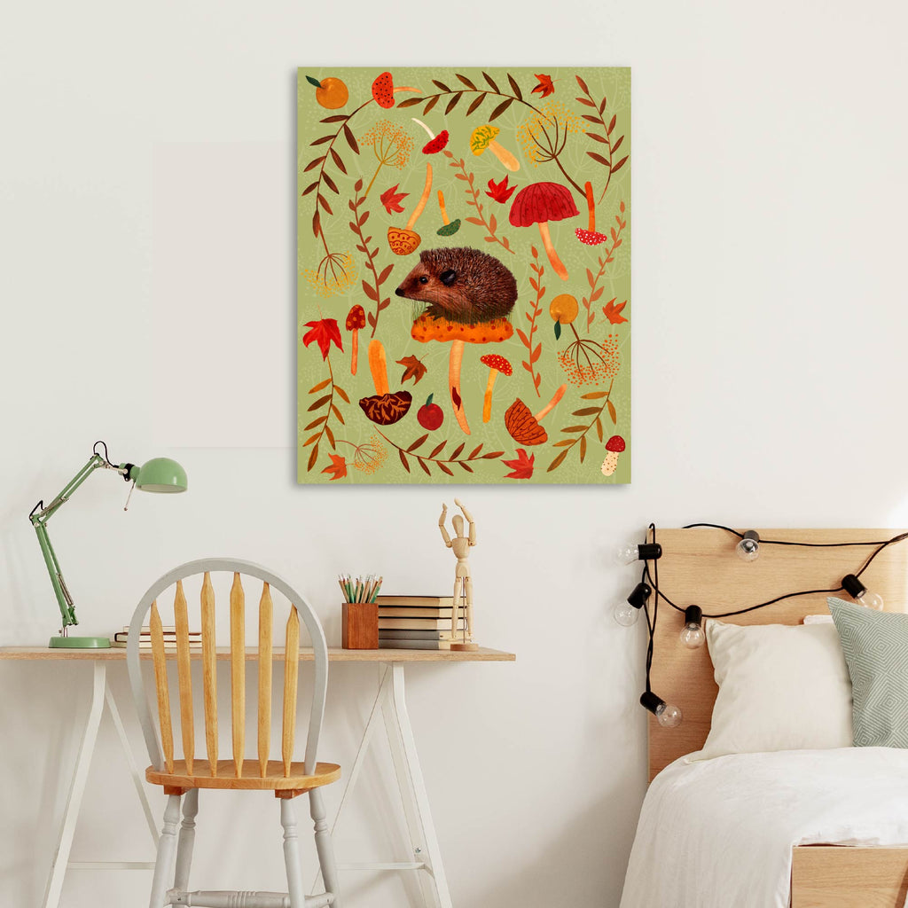 Mushroom Hunting Hedgehog - Gallery Wrapped Canvas - Michelle Ingari Collection