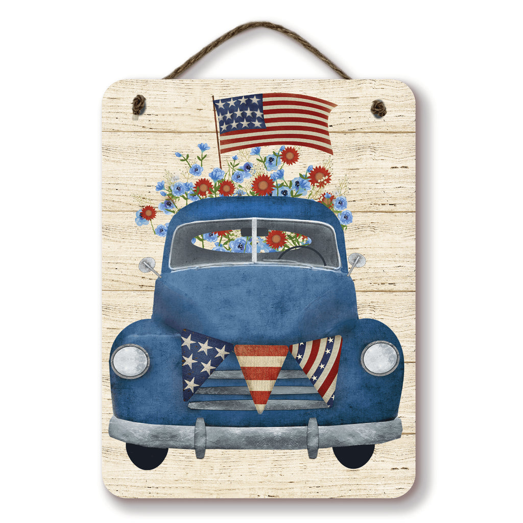 Celebrate 250 Patriotic Blue truck Hanging Wooden Artboard with Twine - Wounded Warrior Project