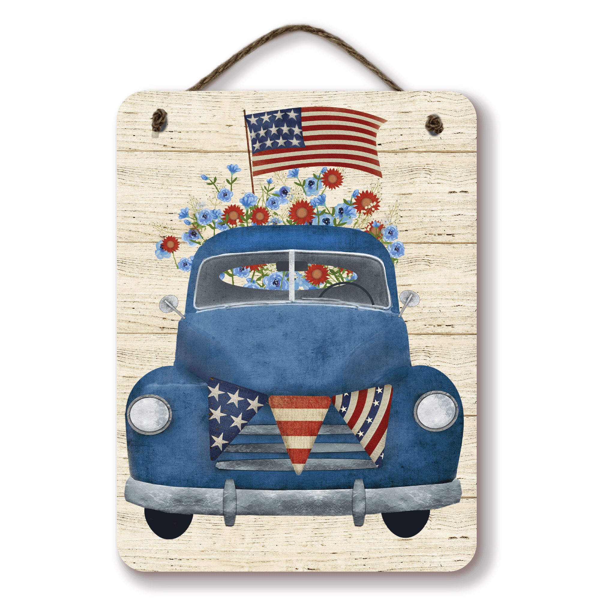 Celebrate 250 Patriotic Blue truck Hanging Wooden Artboard with Twine - Wounded Warrior Project