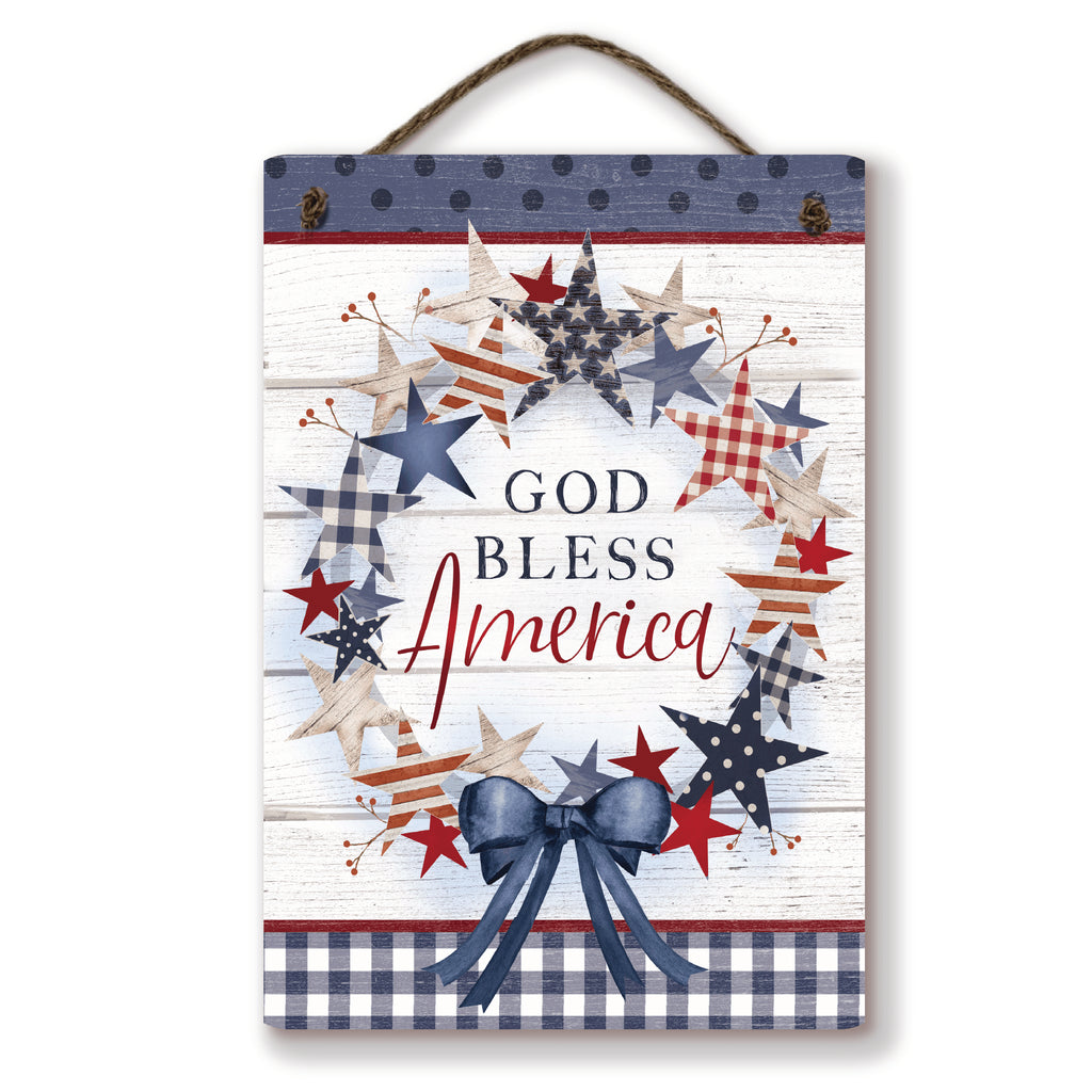 Celebrate 250 God Bless America Wreath Hanging Wooden Artboard with Twine - Wounded Warrior Project