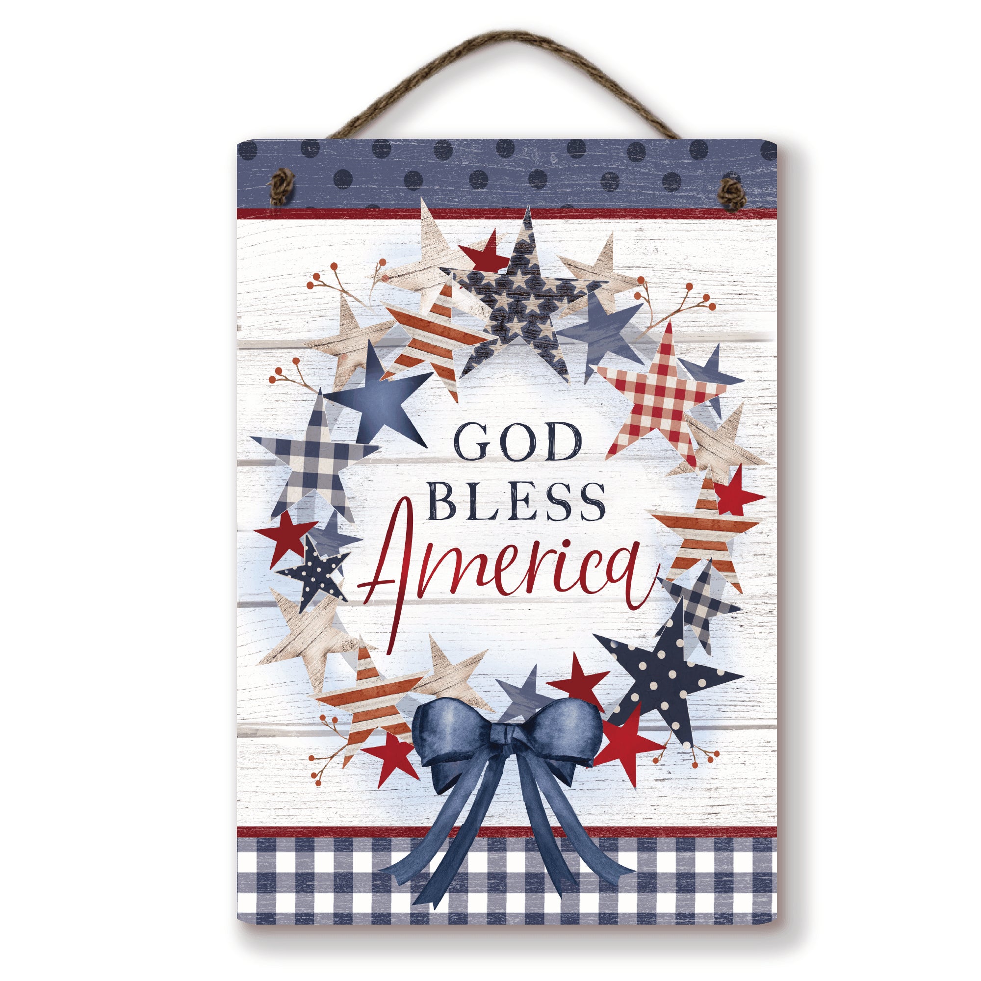Celebrate 250 God Bless America Wreath Hanging Wooden Artboard with Twine - Wounded Warrior Project