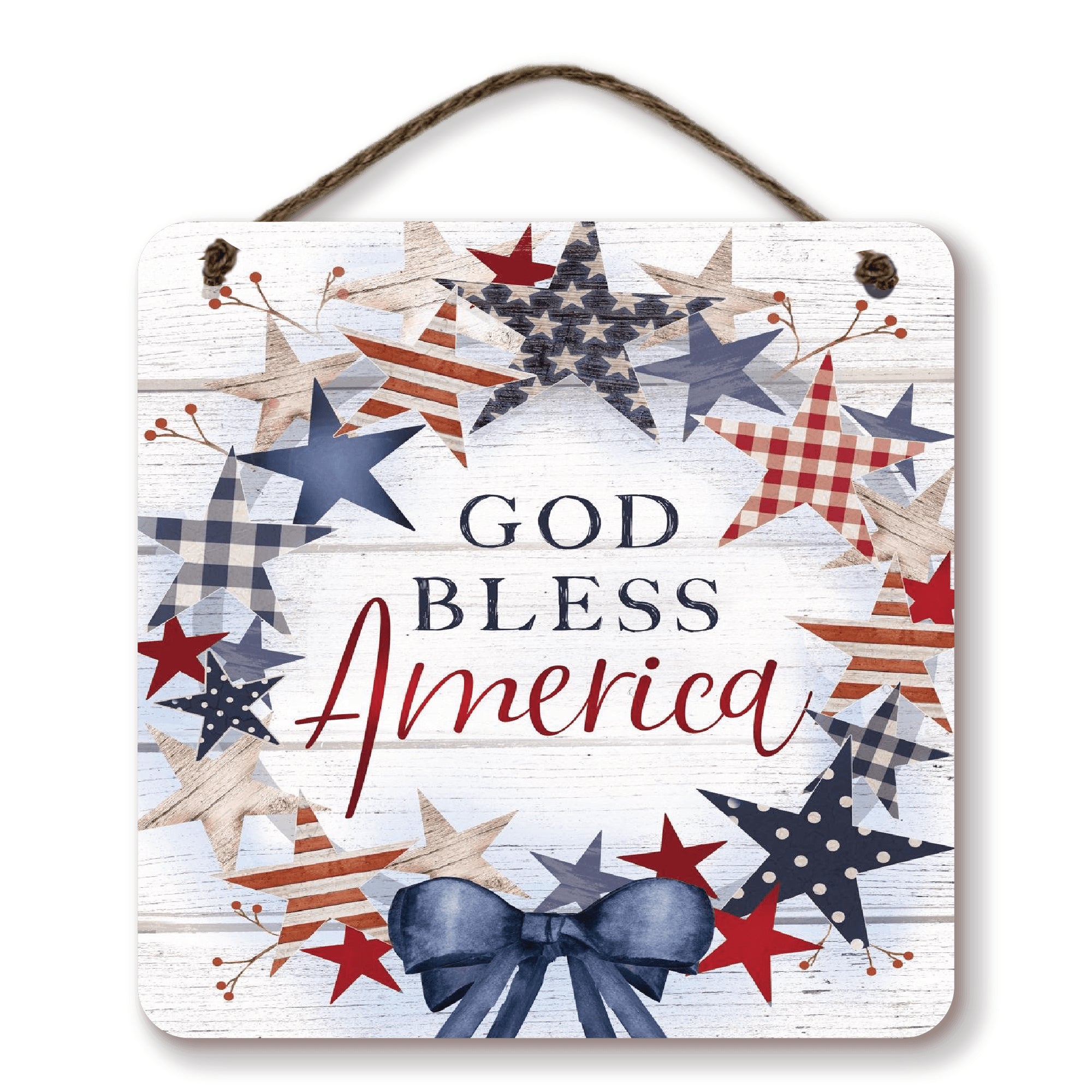 Celebrate 250 God Bless America Wreath II Hanging Wooden Artboard with Twine - Wounded Warrior Project