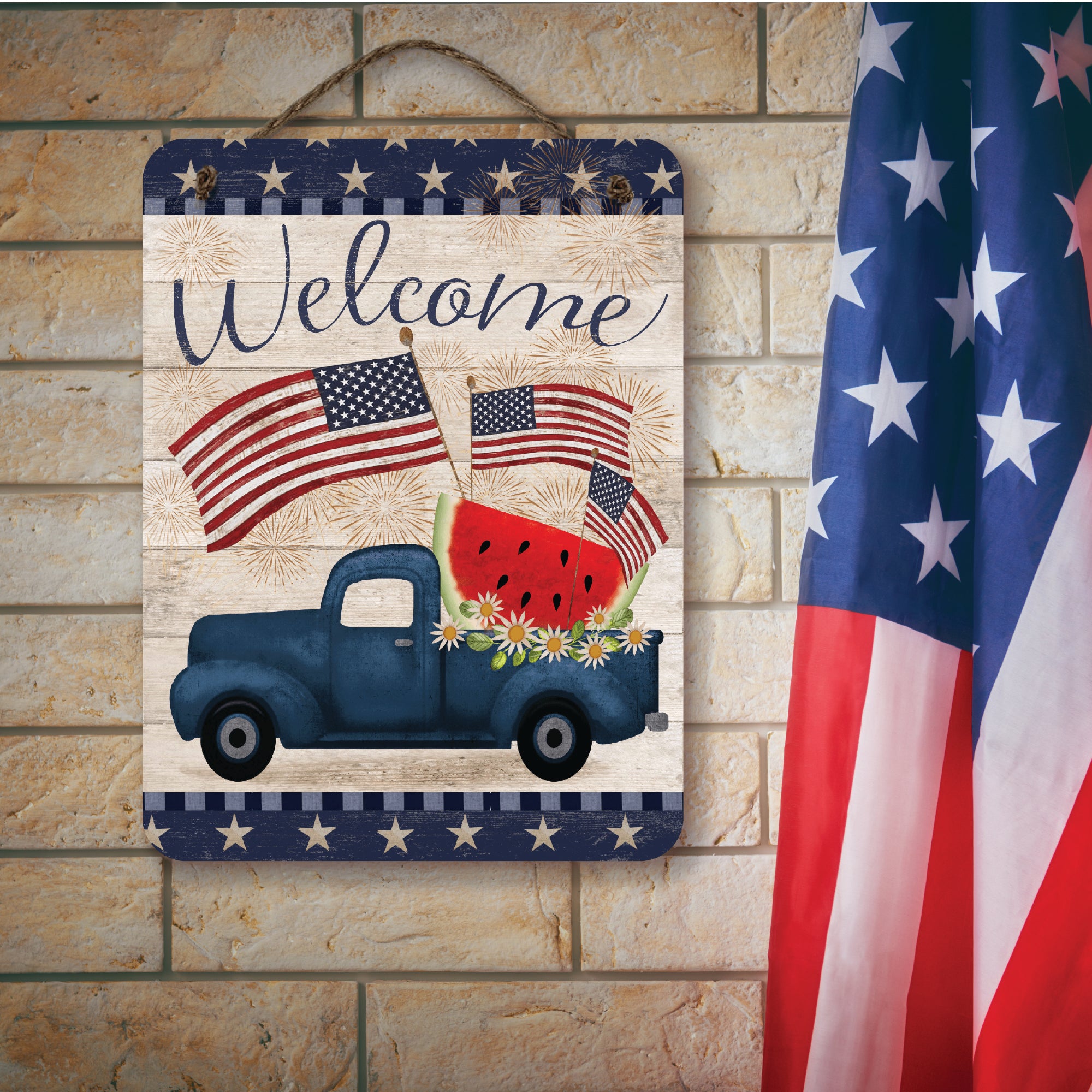 Celebrate 250 Truck Blue Patriotic Hanging Wooden Artboard with Twine - Wounded Warrior Project