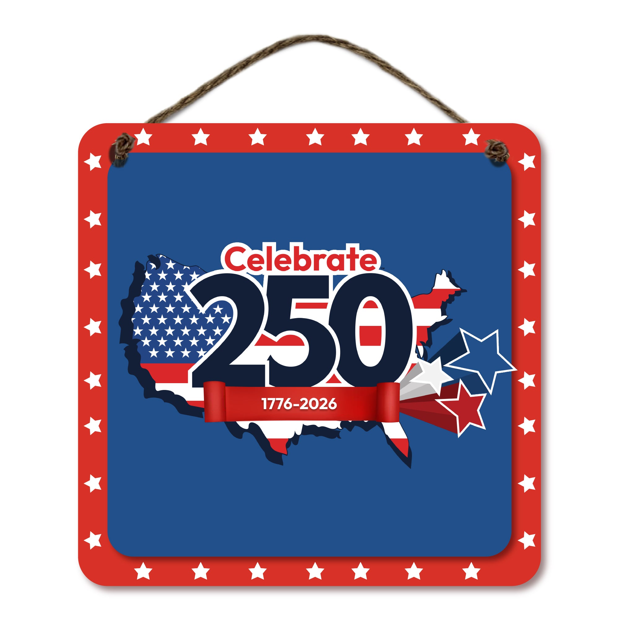 Celebrate 250 USA Overlay II Hanging Wooden Artboard with Twine - Wounded Warrior Project