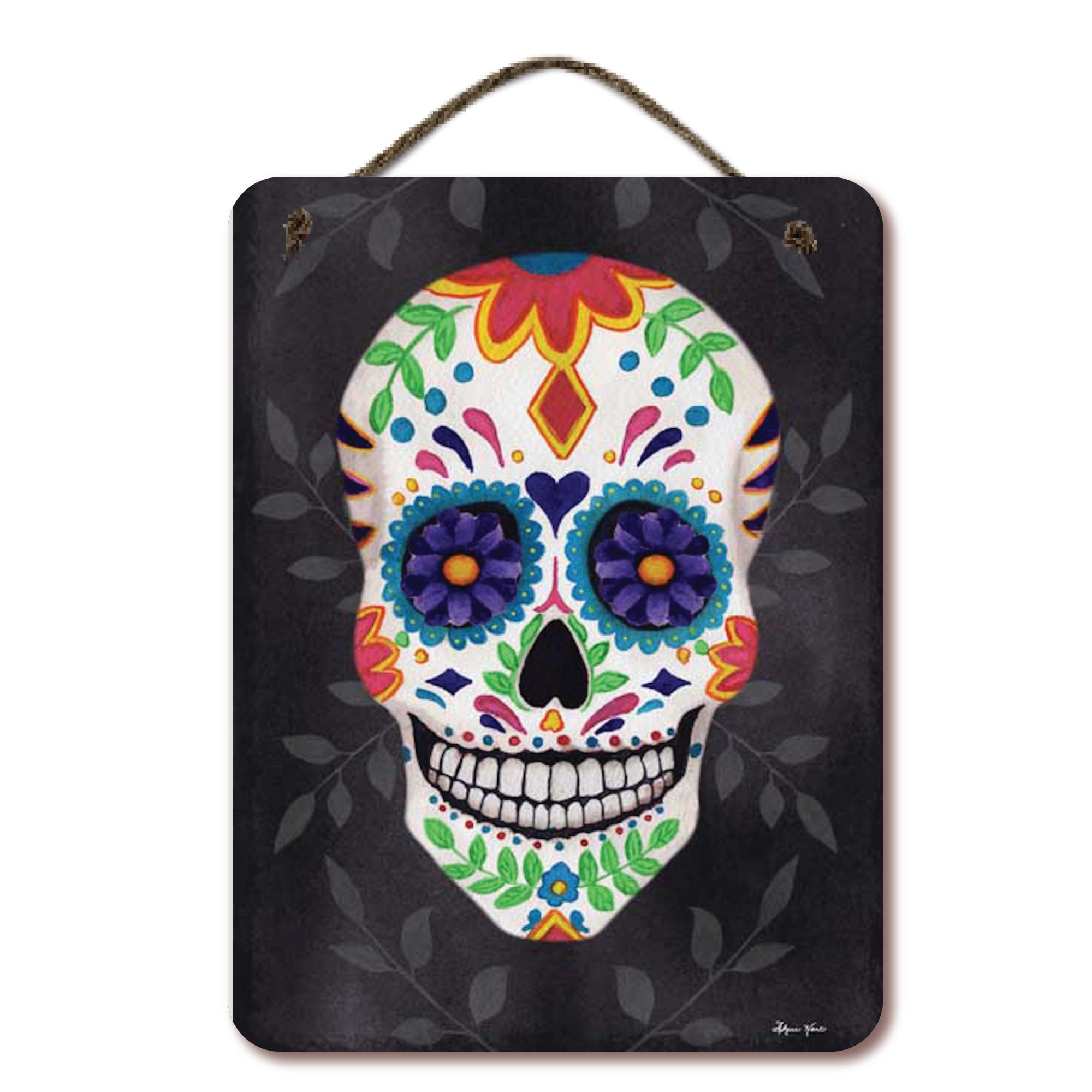 Sugar Skull II Verticle 12" x 16" Hanging Wooden Artboard with Twine