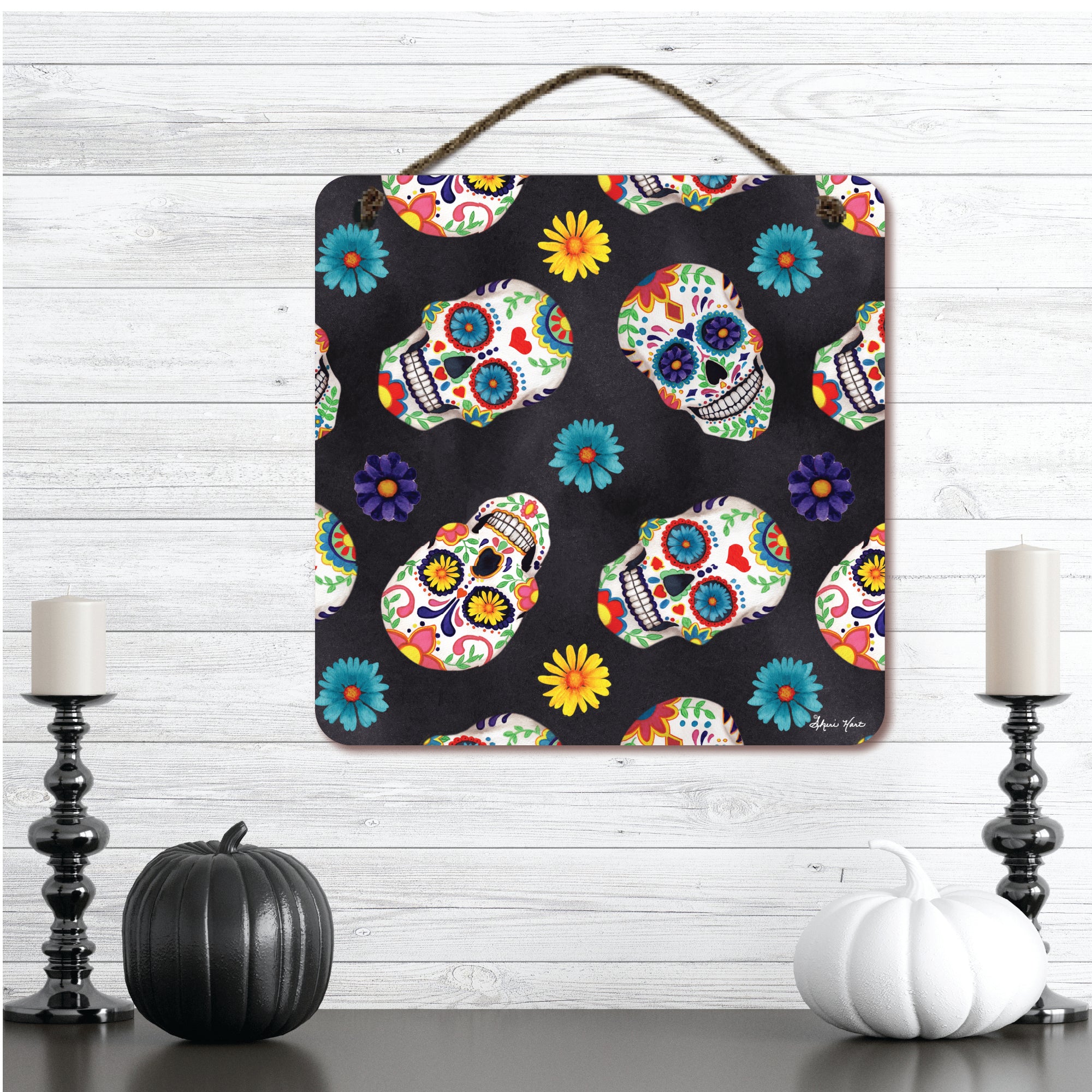 Sugar Skull Pattern 12" x 12" Hanging Wooden Artboard with Twine