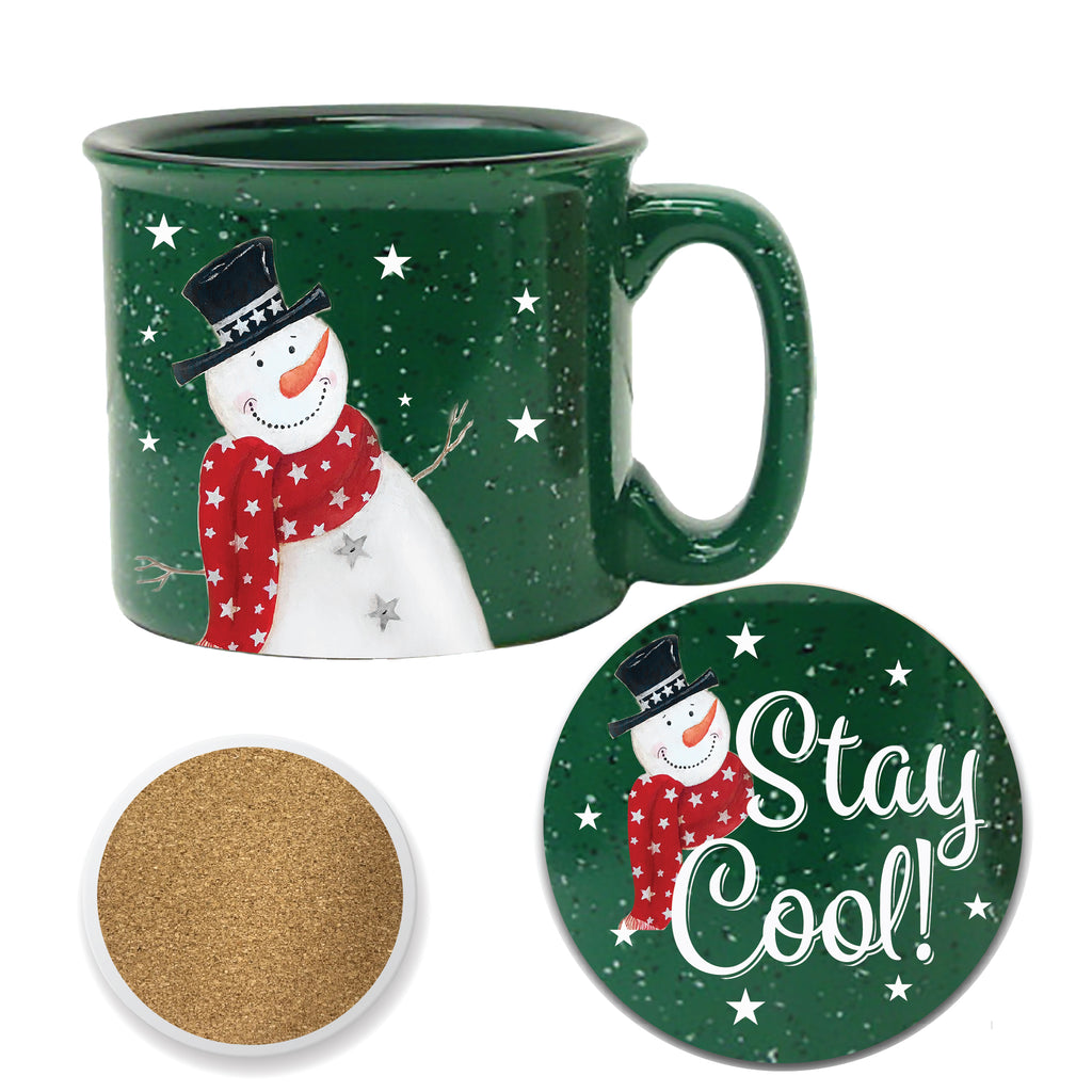 Snowman Stay Cool 15 oz Artisan Ceramic Mug & Coaster Set