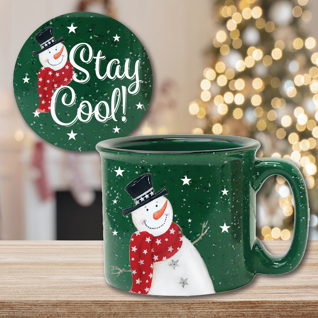 Snowman Stay Cool 15 oz Artisan Ceramic Mug & Coaster Set