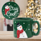 Snowman Stay Cool 15 oz Artisan Ceramic Mug & Coaster Set