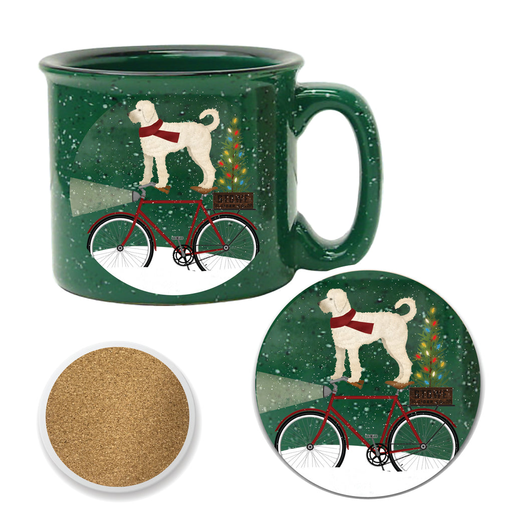 White Doodle on Bike Christmas 15 oz Artisan Ceramic Mug & Coaster Set