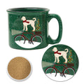 White Doodle on Bike Christmas 15 oz Artisan Ceramic Mug & Coaster Set