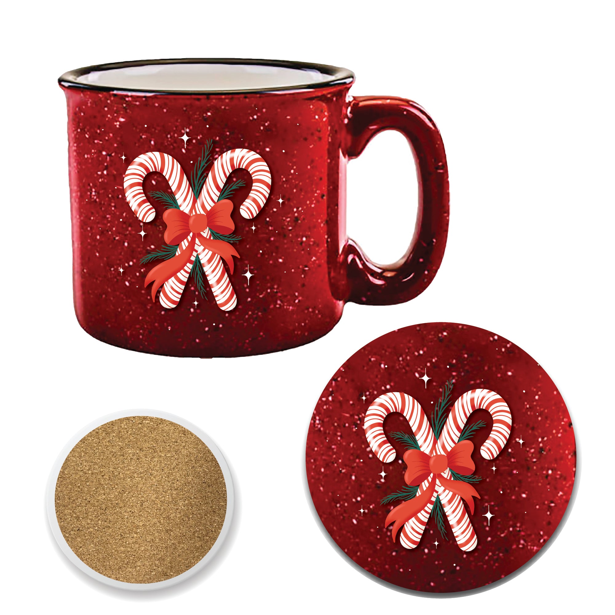Lets Get Merry II Red 15 oz Artisan Ceramic Mug & Coaster Set