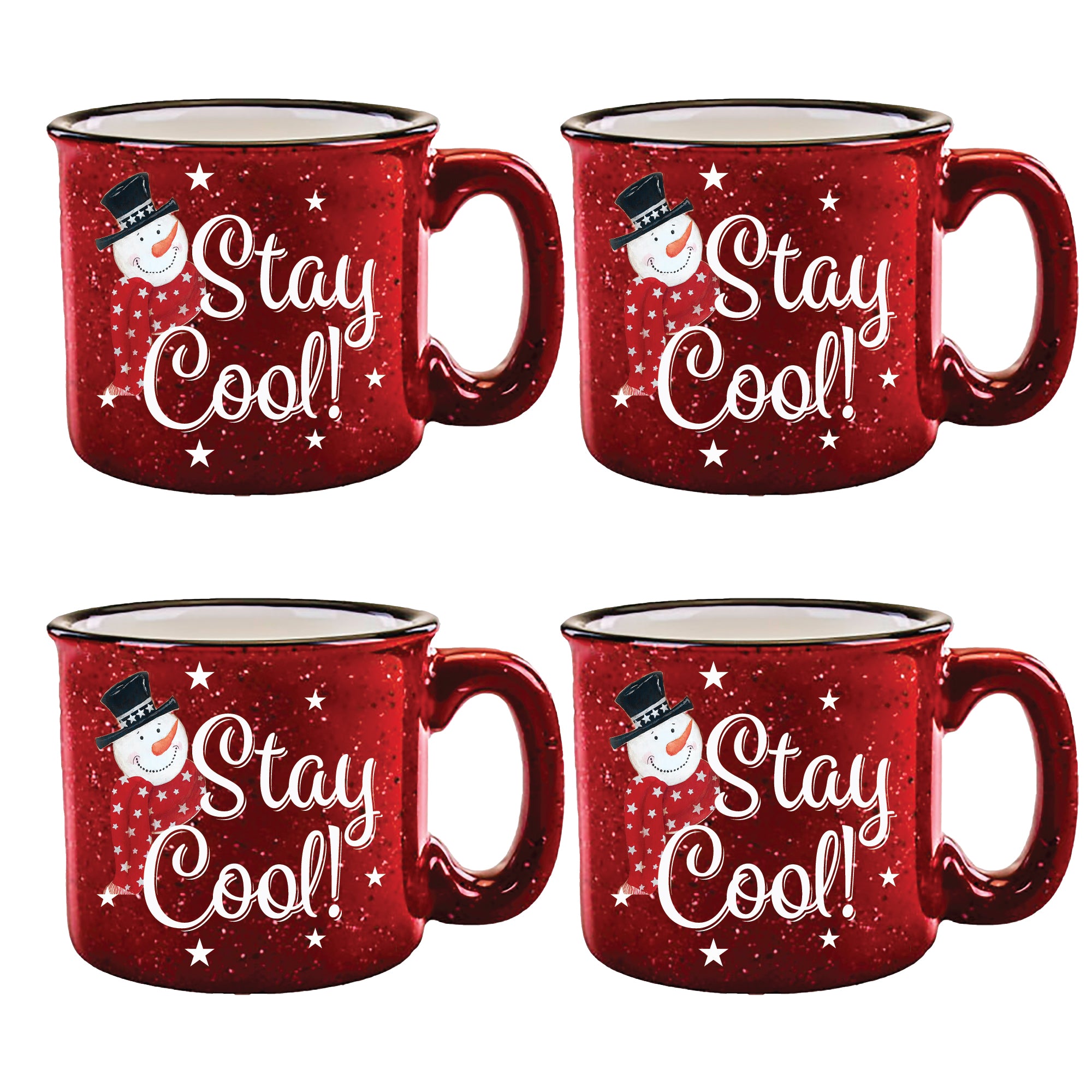Snowman Stay Cool Red 15 oz Artisan Ceramic Mug 4-Piece Set