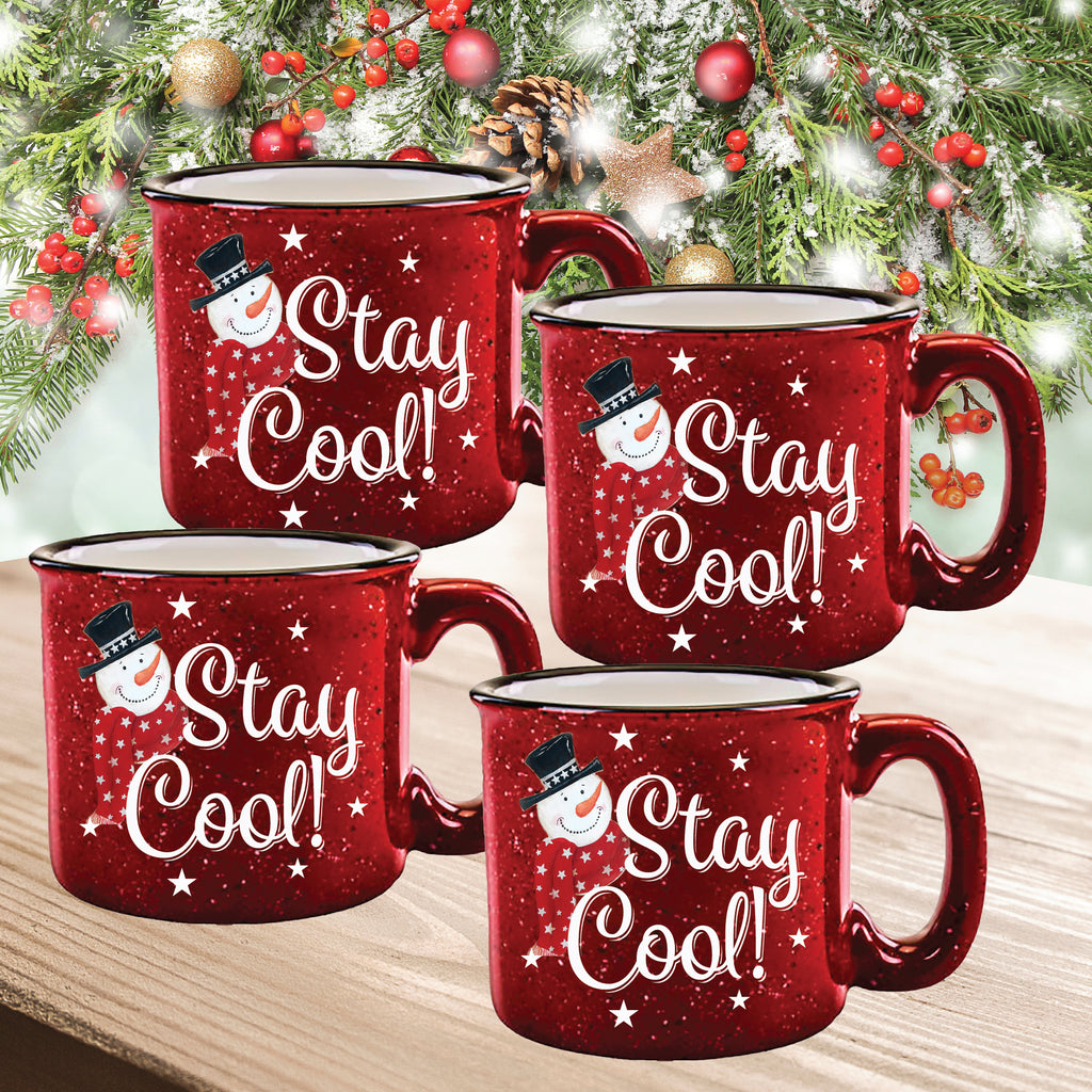Snowman Stay Cool Red 15 oz Artisan Ceramic Mug 4-Piece Set