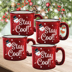 Snowman Stay Cool Red 15 oz Artisan Ceramic Mug 4-Piece Set