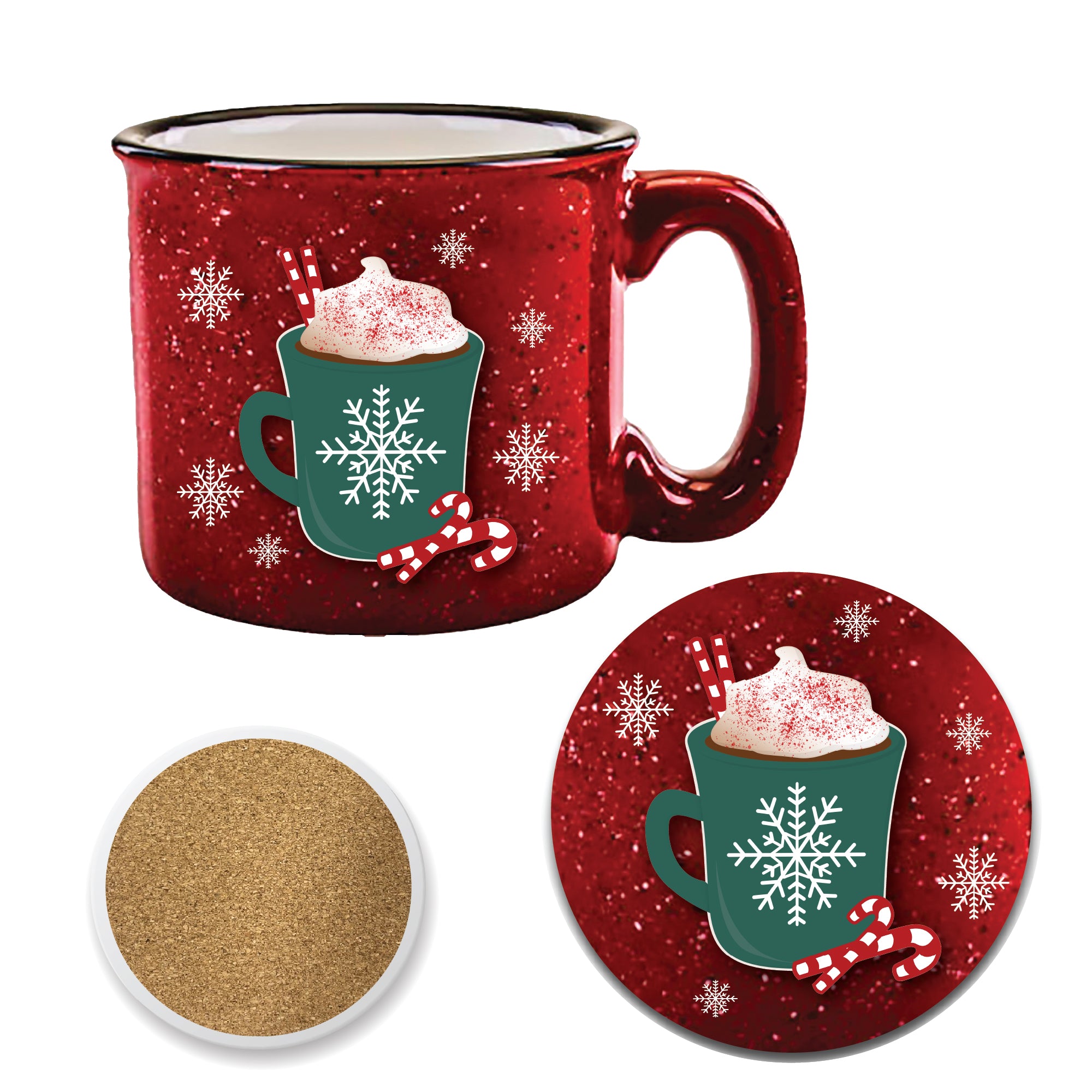 Peppermint Wishes 15 oz Artisan Ceramic Mug & Coaster Set