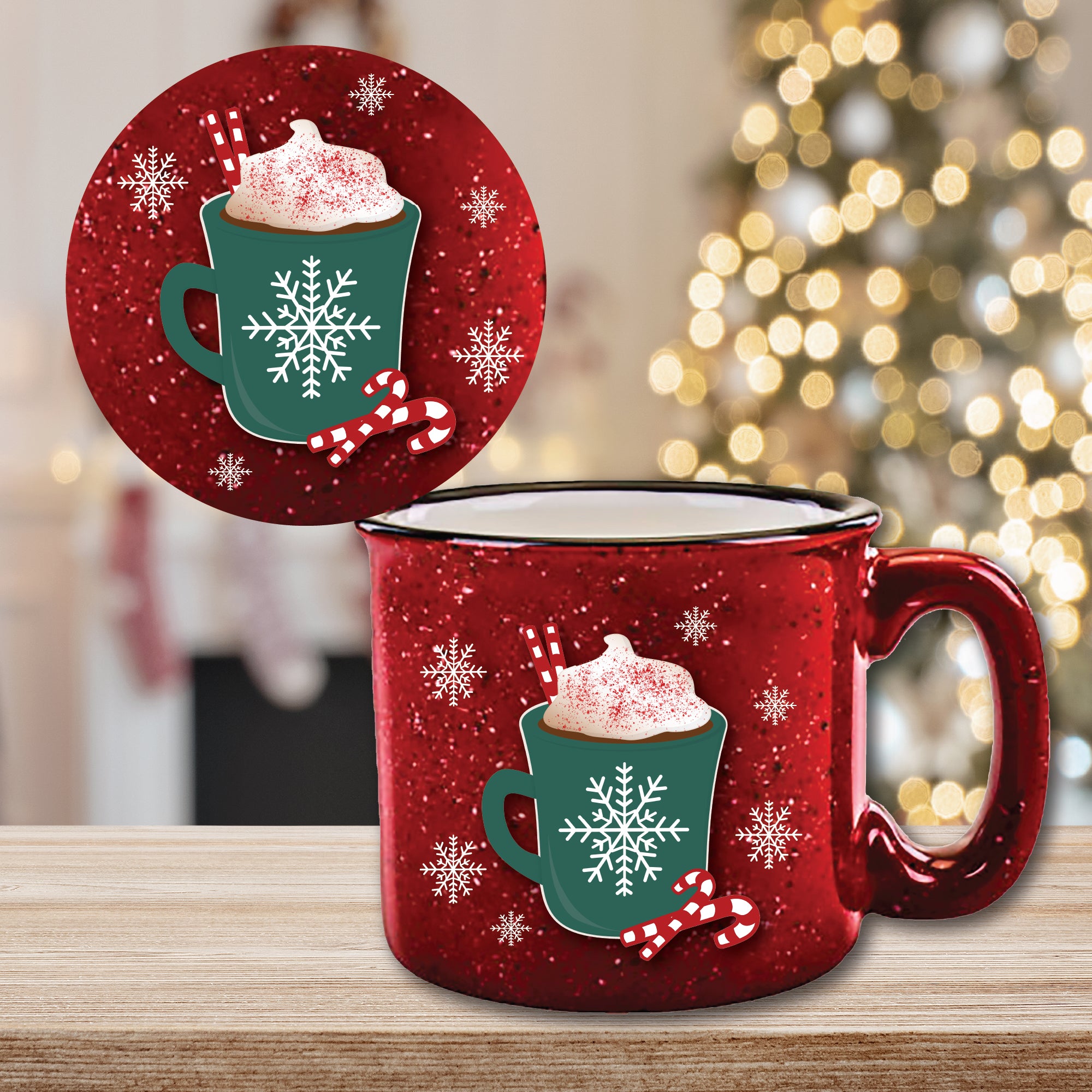 Peppermint Wishes 15 oz Artisan Ceramic Mug & Coaster Set