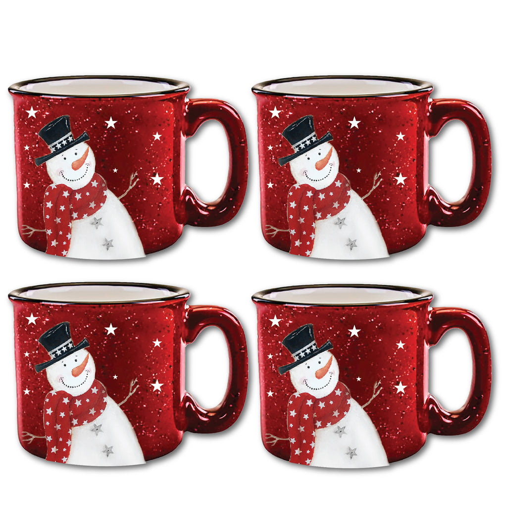 Snowman Red 15 oz Artisan Ceramic Mug 4-Piece Set
