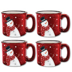 Snowman Red 15 oz Artisan Ceramic Mug 4-Piece Set