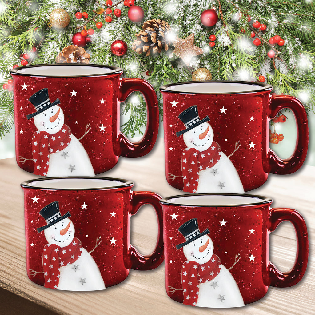 Snowman Red 15 oz Artisan Ceramic Mug 4-Piece Set