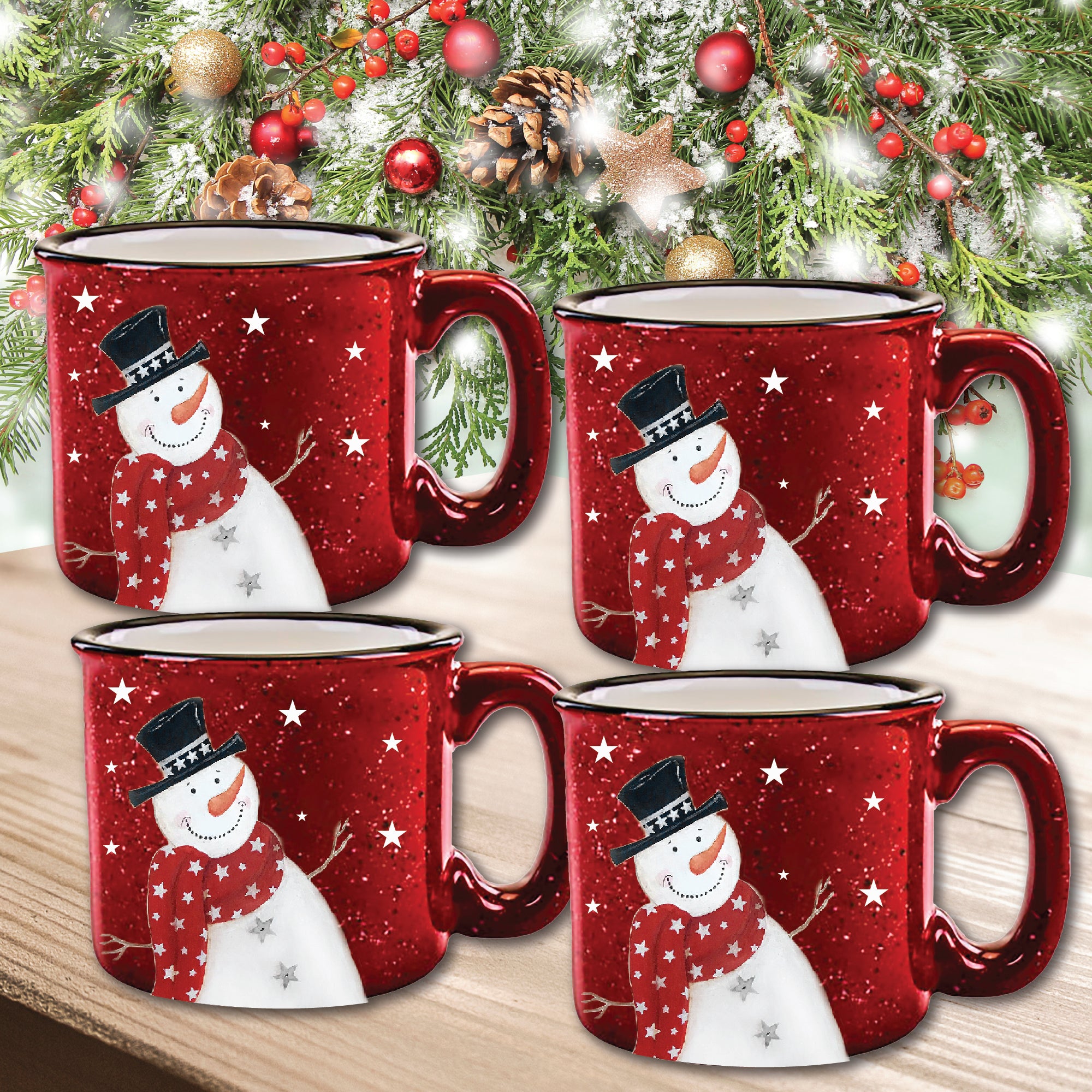 Snowman Red 15 oz Artisan Ceramic Mug 4-Piece Set