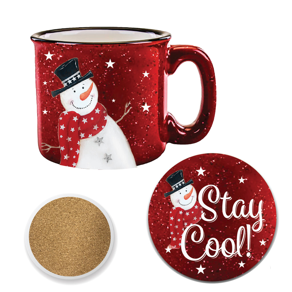 Snowman 15 oz Artisan Ceramic Mug & Coaster Set