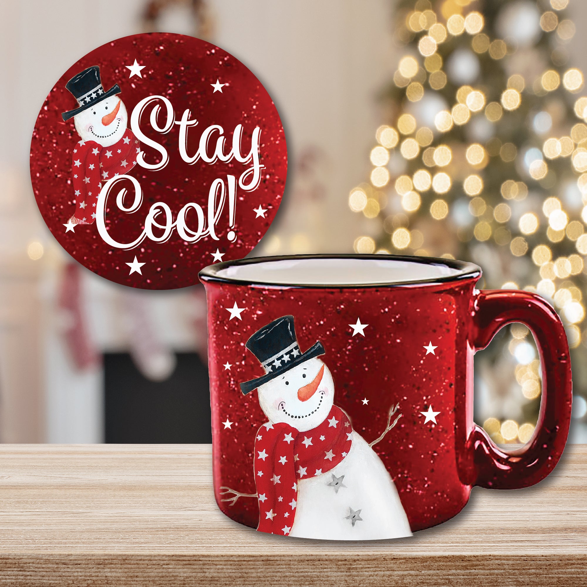 Snowman 15 oz Artisan Ceramic Mug & Coaster Set