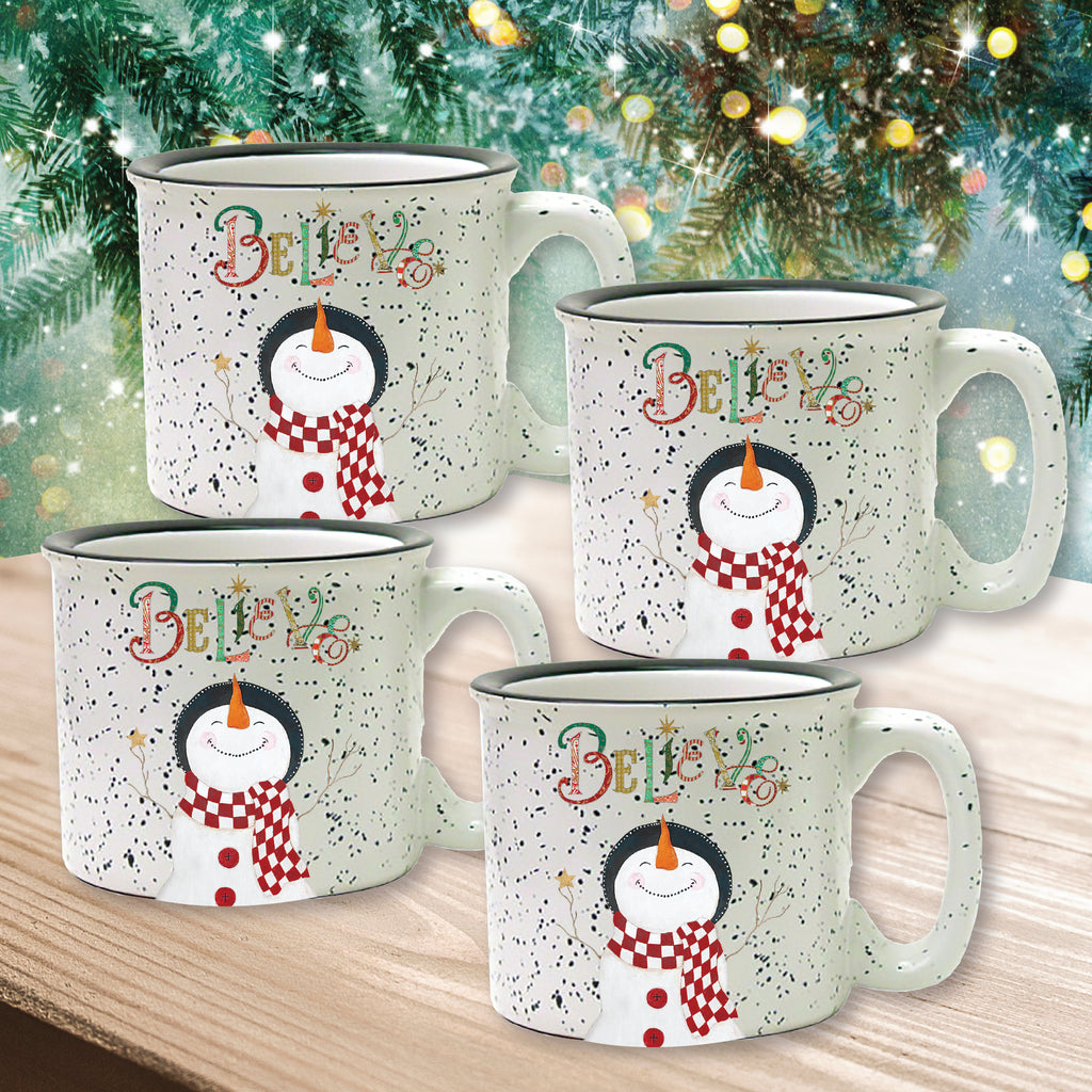 Snowman Believe 15 oz Artisan Ceramic Mug 4-Piece Set