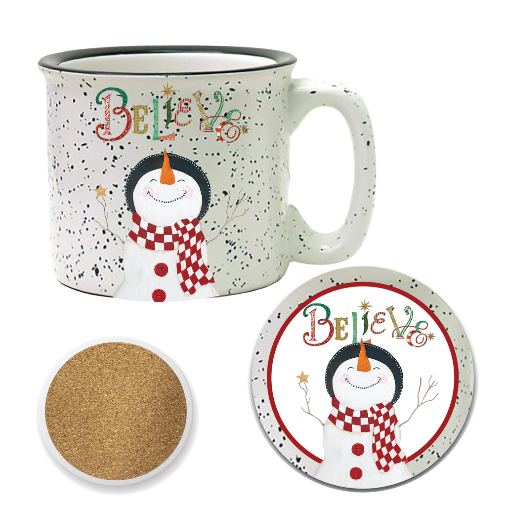 Snowman Believe 15 oz Artisan Ceramic Mug & Coaster Set