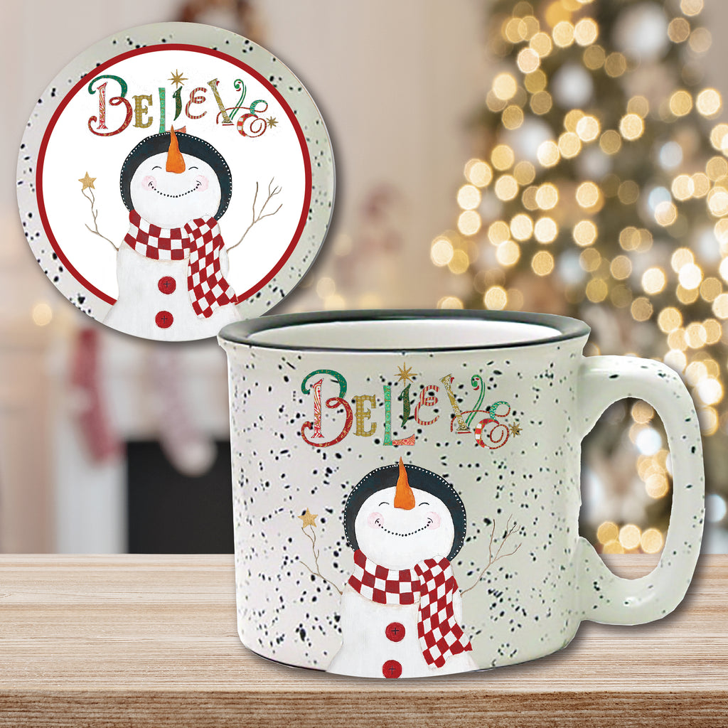 Snowman Believe 15 oz Artisan Ceramic Mug & Coaster Set