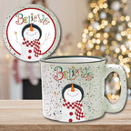 Snowman Believe 15 oz Artisan Ceramic Mug & Coaster Set
