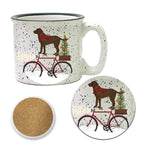 Brown Lab on Bike Christmas 15 oz Artisan Ceramic Mug & Coaster Set