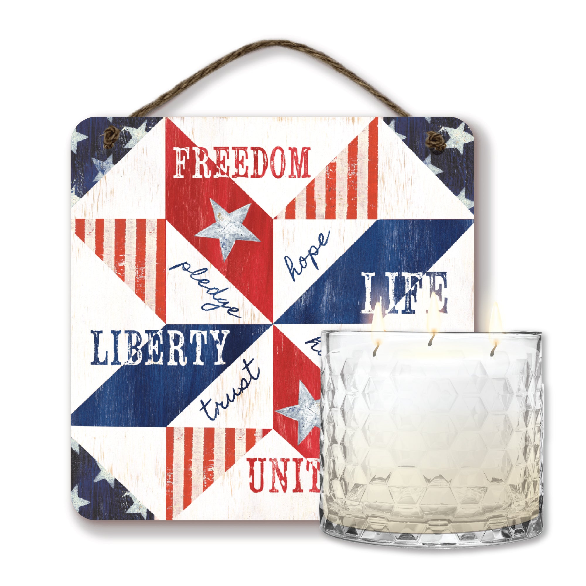 Celebrate 250 Patriotic I Quilt 13.5 oz, 3 Wick Citronella Candle & Patriotic I Quilt 10x10 Hanging Artboard Set with Wounded Warrior Project