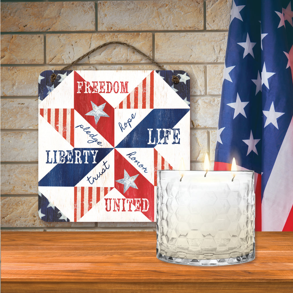 Celebrate 250 Patriotic I Quilt 13.5 oz, 3 Wick Citronella Candle & Patriotic I Quilt 10x10 Hanging Artboard Set with Wounded Warrior Project