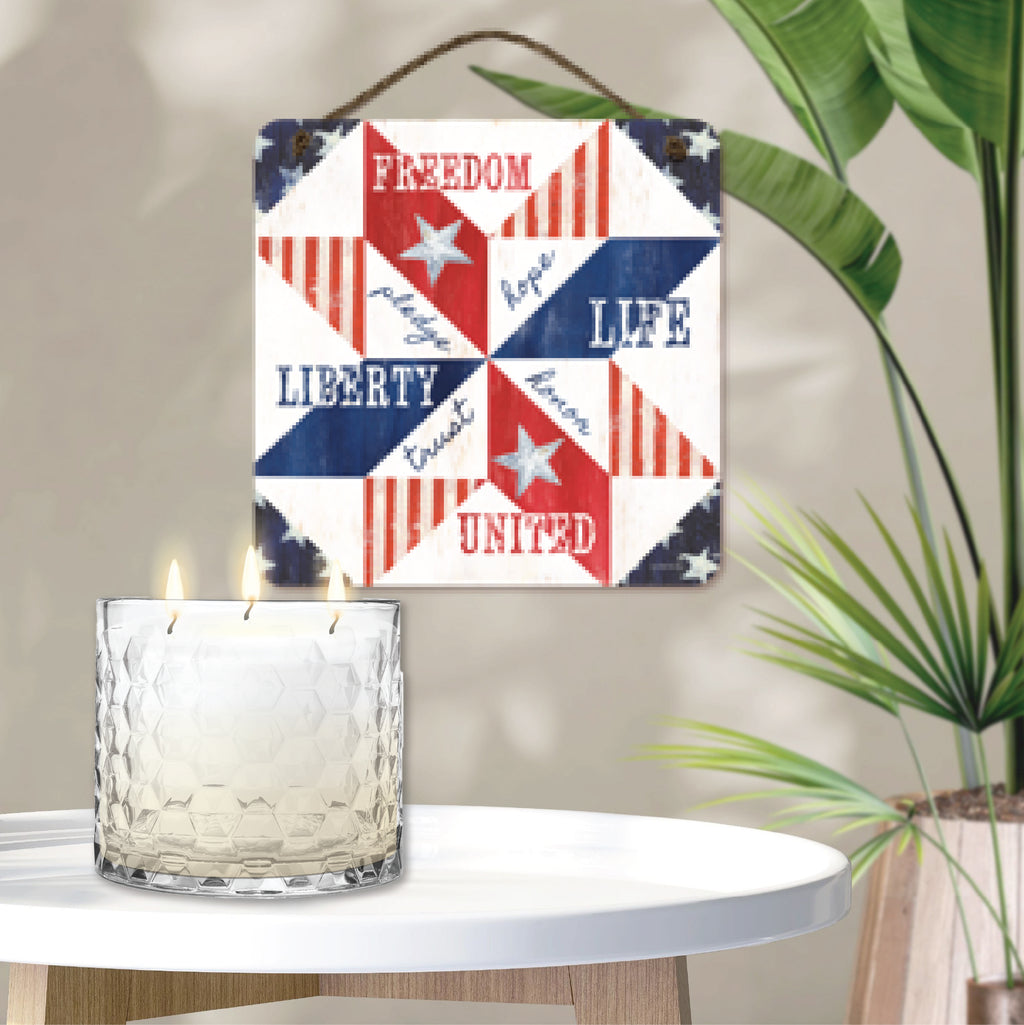 Celebrate 250 Patriotic I Quilt 13.5 oz, 3 Wick Citronella Candle & Patriotic I Quilt 10x10 Hanging Artboard Set with Wounded Warrior Project