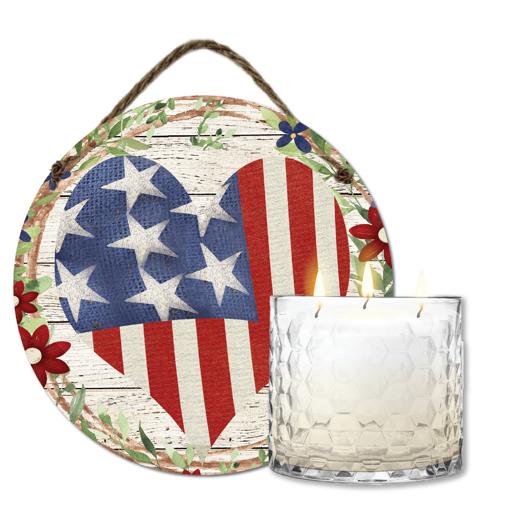 Celebrate 250 Patriotic Heart 13.5 oz, 3 Wick Citronella Candle & Patriotic Heart 10x10 Hanging Artboard Set with Wounded Warrior Project