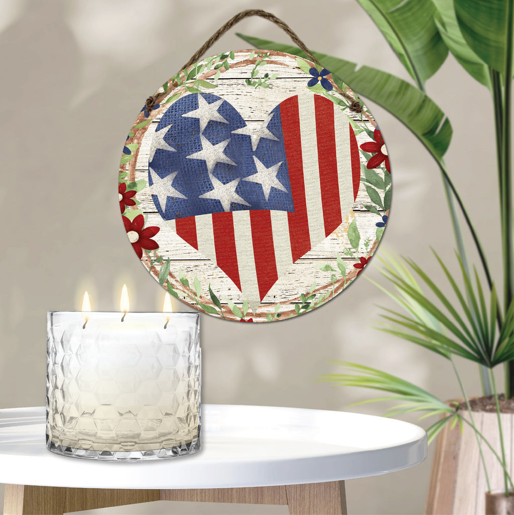 Celebrate 250 Patriotic Heart 13.5 oz, 3 Wick Citronella Candle & Patriotic Heart 10x10 Hanging Artboard Set with Wounded Warrior Project