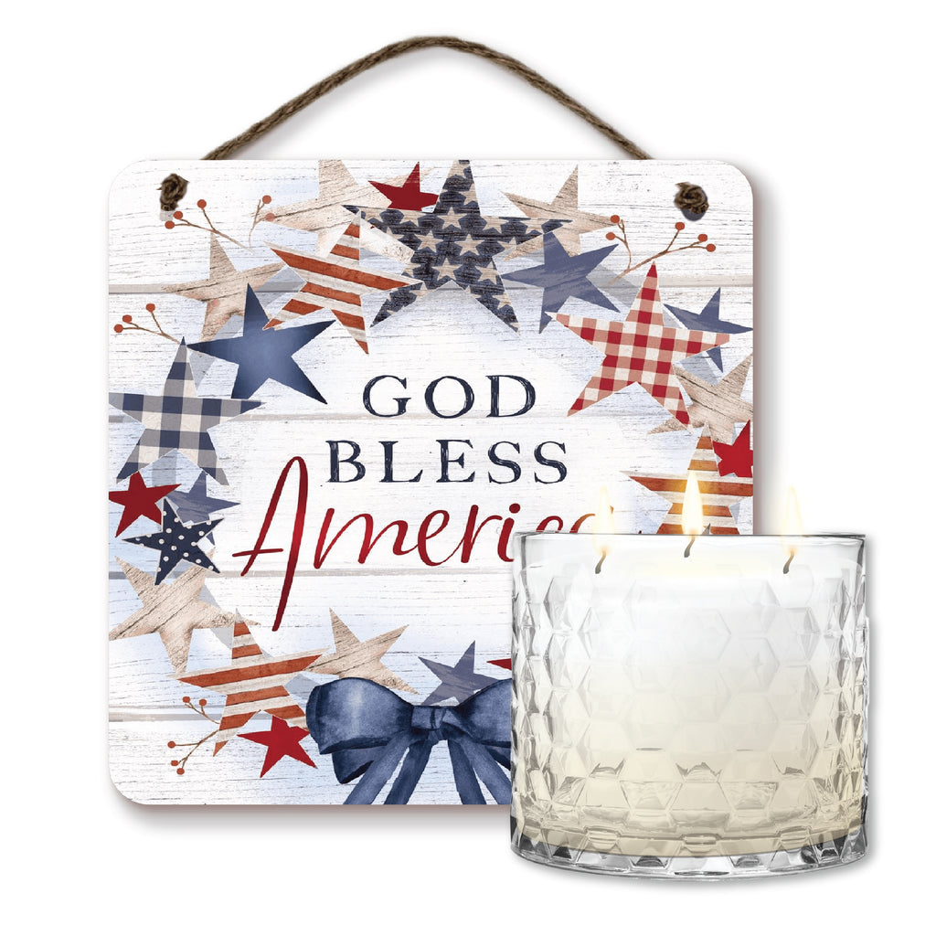 Celebrate 250 God Bless America 13.5 oz, 3 Wick Citronella Candle & God Bless America 10x10 Hanging Artboard Set with Wounded Warrior Project