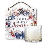 Celebrate 250 God Bless America 13.5 oz, 3 Wick Citronella Candle & God Bless America 10x10 Hanging Artboard Set with Wounded Warrior Project