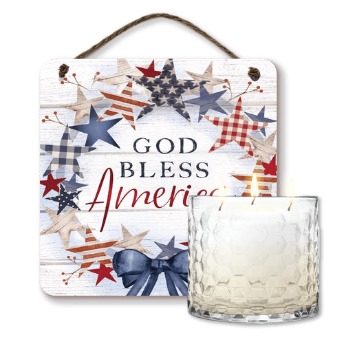 Celebrate 250 God Bless America 13.5 oz, 3 Wick Citronella Candle & God Bless America 10x10 Hanging Artboard Set with Wounded Warrior Project