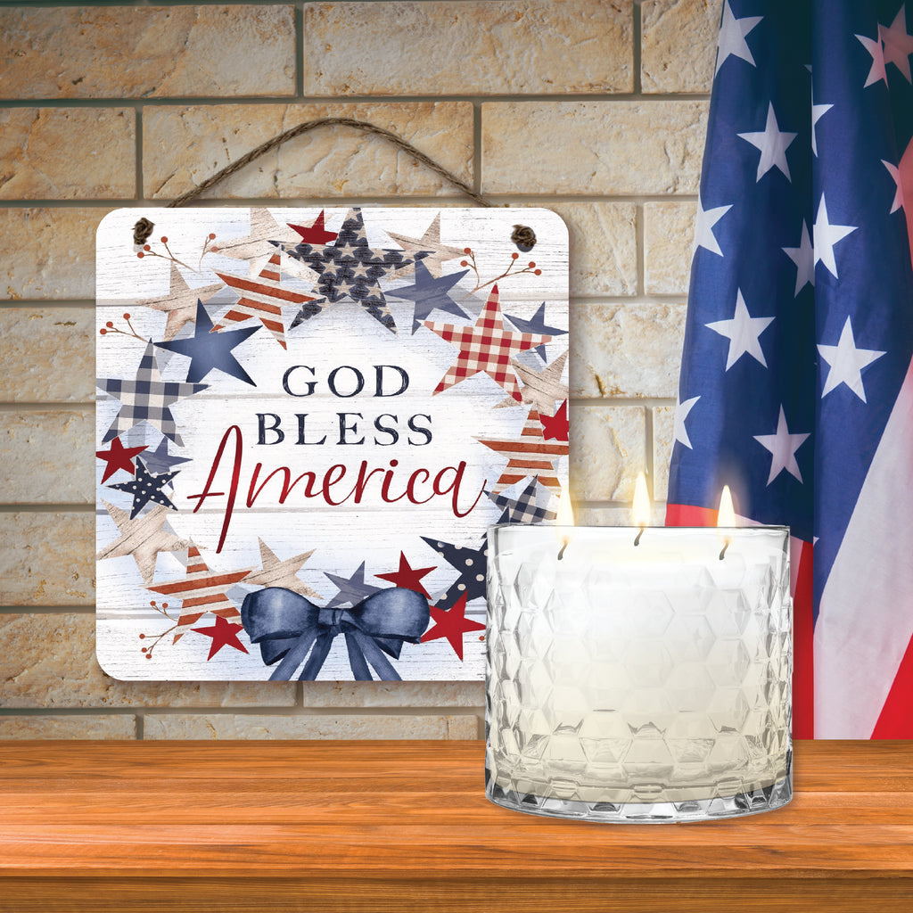 Celebrate 250 God Bless America 13.5 oz, 3 Wick Citronella Candle & God Bless America 10x10 Hanging Artboard Set with Wounded Warrior Project