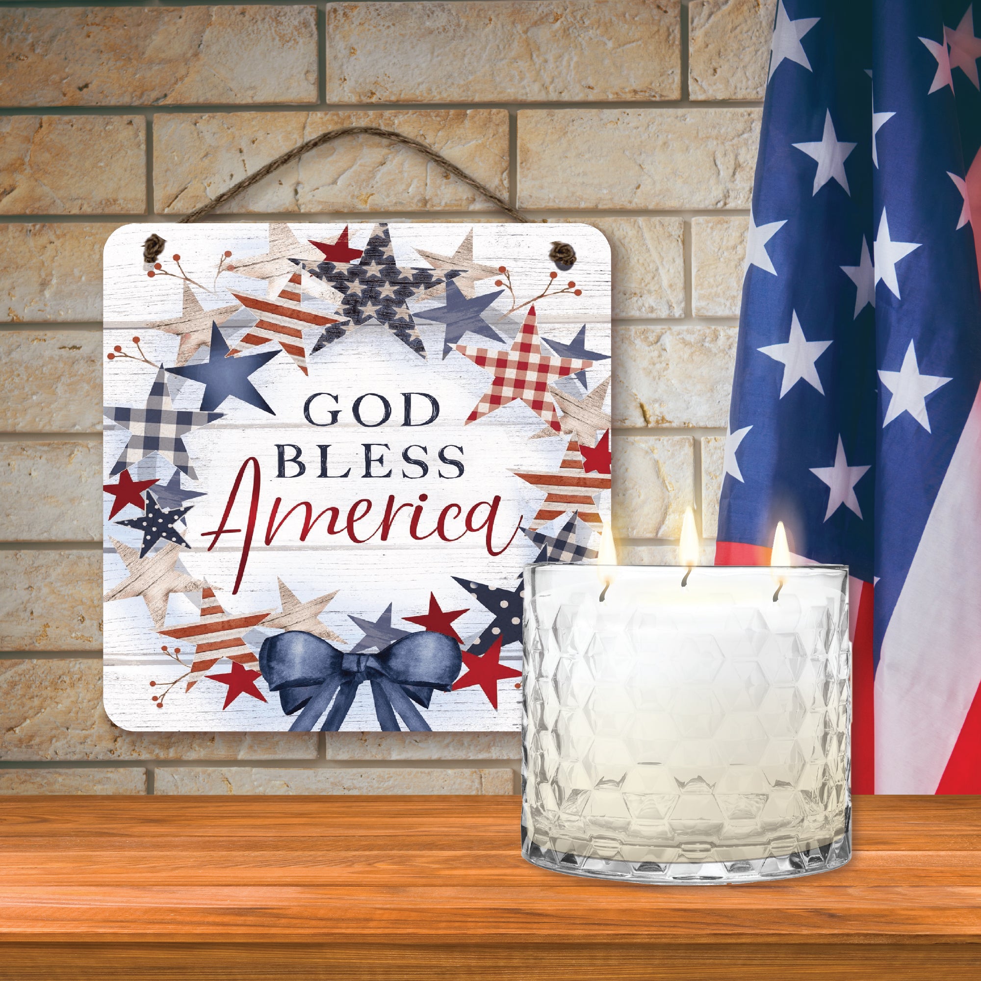 Celebrate 250 God Bless America 13.5 oz, 3 Wick Citronella Candle & God Bless America 10x10 Hanging Artboard Set with Wounded Warrior Project