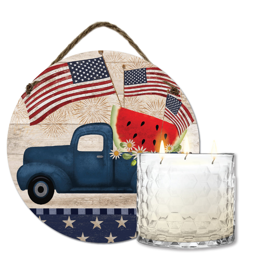 Celebrate 250 Truck Blue Patriotic 13.5 oz, 3 Wick Citronella Candle & Truck Blue Patriotic 10x10 Hanging Artboard Set with Wounded Warrior Project