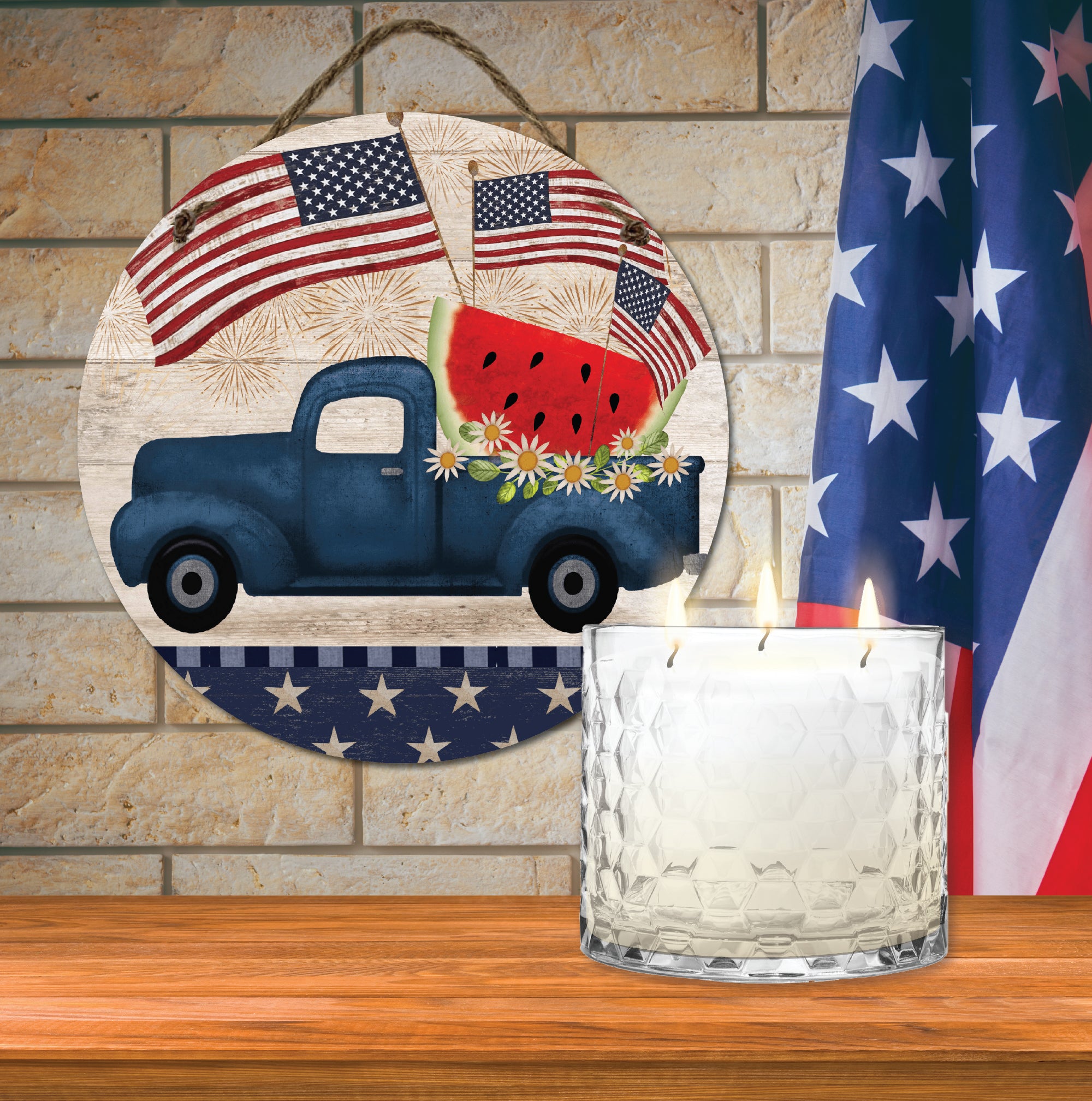 Celebrate 250 Truck Blue Patriotic 13.5 oz, 3 Wick Citronella Candle & Truck Blue Patriotic 10x10 Hanging Artboard Set with Wounded Warrior Project