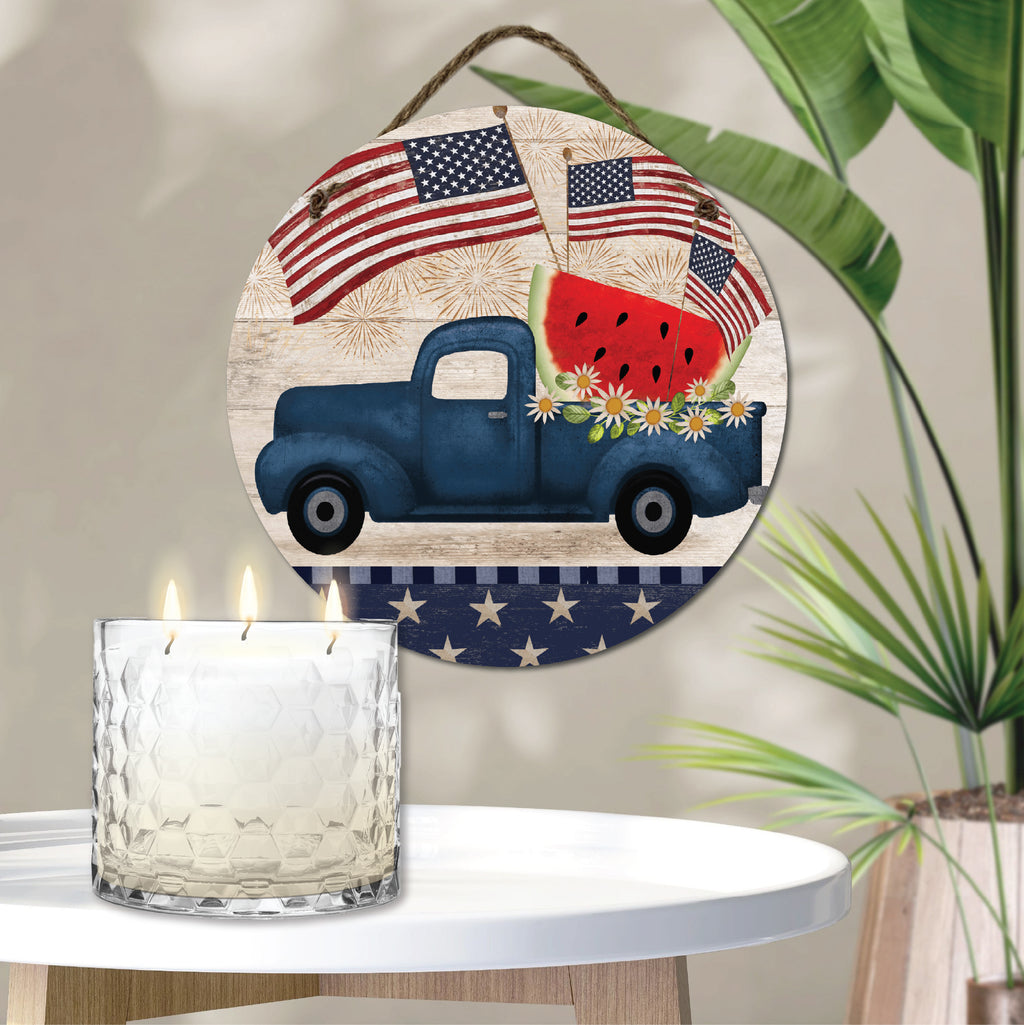 Celebrate 250 Truck Blue Patriotic 13.5 oz, 3 Wick Citronella Candle & Truck Blue Patriotic 10x10 Hanging Artboard Set with Wounded Warrior Project