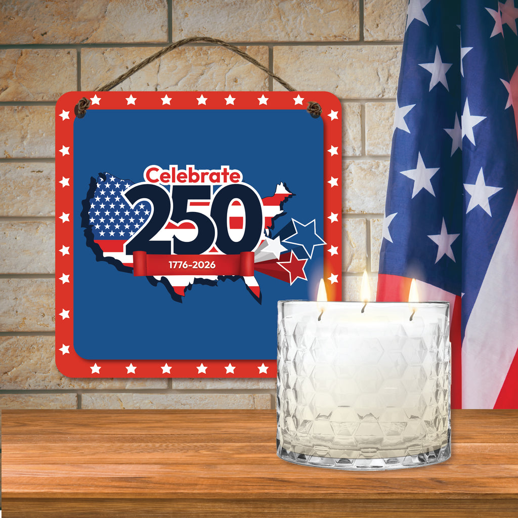 Celebrate 250 USA Overlay II 13.5 oz, 3 Wick Citronella Candle & USA Overlay II 10x10 Hanging Artboard Set with Wounded Warrior Project